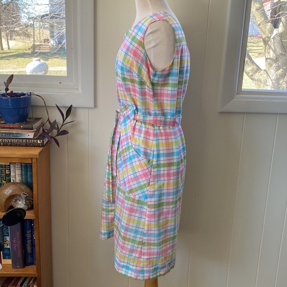 Vintage 60s Pastel Rainbow Plaid Zip Front Belted Housedress M/L - Picture 3 of 9